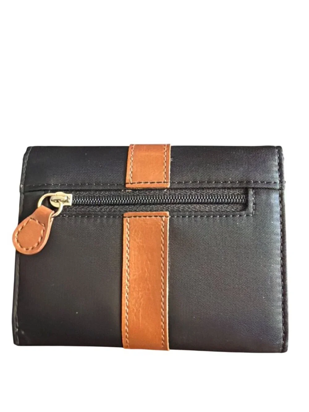 Liz Claiborne Black Nylon Brown Tri Fold Wallet Zipper Card Slots NWOT